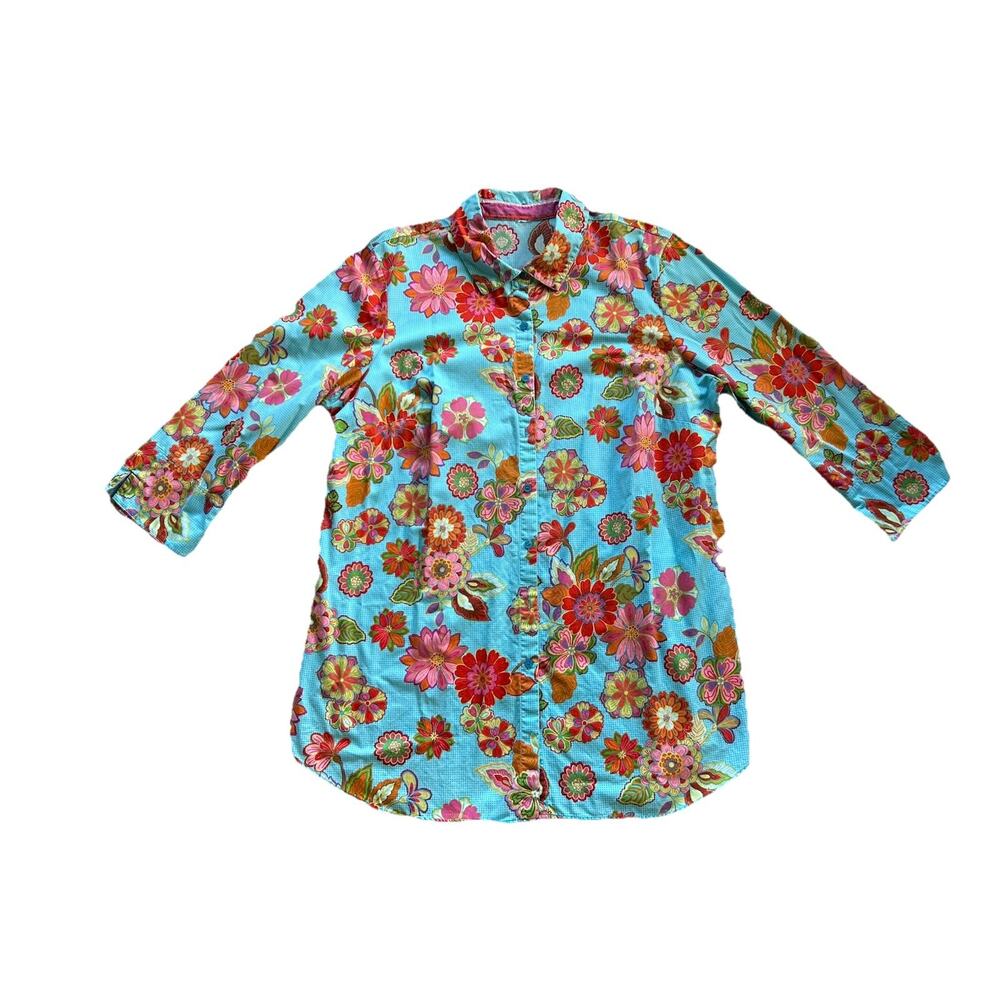 CRUZ Size L? Tunic Shirt 60s 70’s Mod VINTAGE Floral Button Down Blue E25